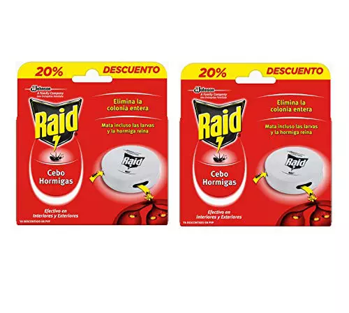 Raid Cebos - Trampas antohormigas. Elimina la colonia de hormigas entera. Efectivo en Interiores y Exteriores. 2 Packs