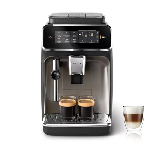 Philips Serie 3300 Cafetera Superautomática, Espumador de leche clásico, 5 tipos de café, SilentBrew, Molinillo Cerámico, pantalla táctil, cromo negro (EP3326/90)