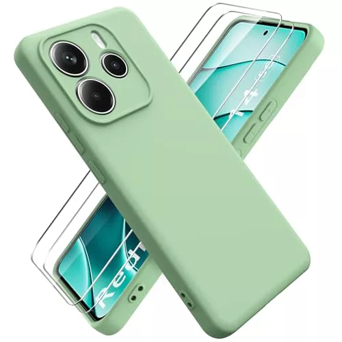 Ikziwreo Funda para Xiaomi Redmi Note 14 5G, con 2 Pack Protector de Pantalla de Vidrio Templado, Carcasa de Silicona Suave, Case de Goma a Prueba de Choques a los Arañazos - Verde Matcha