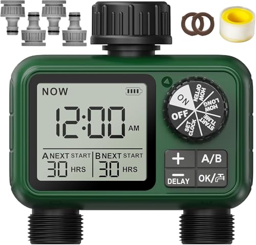 Programador Riego 2 Salidas, Pantalla LCD Grande, Temporizador de Riego Automatico con Retraso por Lluvia, Riego Automático/Manual, Programador de Riego para Piscina de Jardín Césped