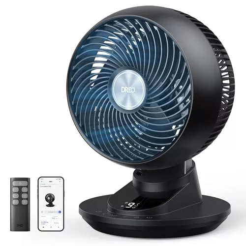 Dreo Ventilador de Mesa 3D para Dormitorio, Aire Potente 8.8 m/s, Ultra Silencioso 22 dB, Oscilación 90°, Control por App y Voz, 9 Velocidades, Temporizador 8/12 h, Ideal para Hogar y Oficina