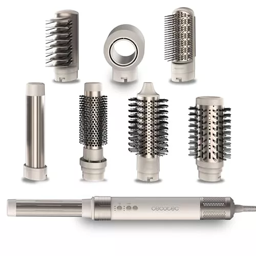 Cecotec Cepillo de Aire Secador Moldeador Alisador Multifunción 8 Cabezales CeramicCare AirGlam Champagne. 1400W, Tecnología Coanda, 3 Velocidades, 3 Temperaturas, Control Inteligente Calor, 110000rpm
