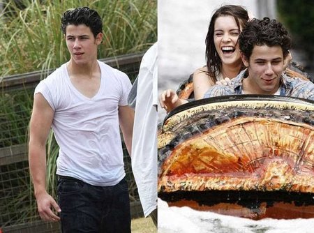 Nick Jonas luciendo pectorales y camiseta mojada en el parque de atracciones