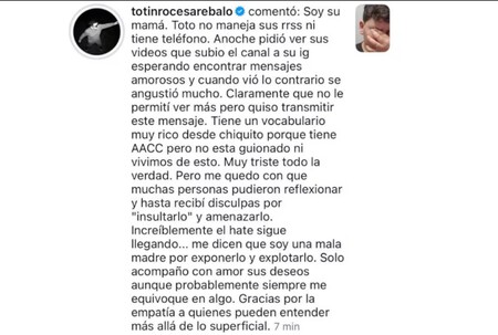 Captura del comentario que dejó la madre de Toto