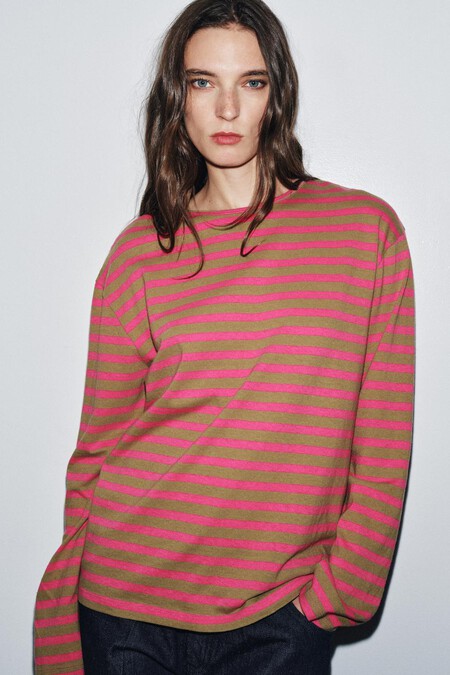 Camiseta Manga Larga Rayas Zara Pija Otono Invierno Rosa