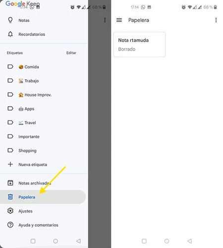 Papelera Google Keep