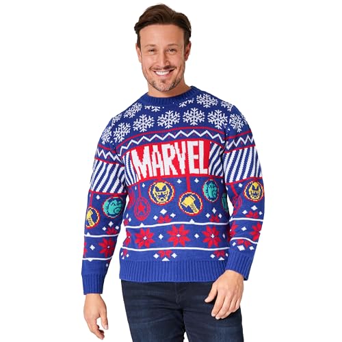 Marvel Jersey Navideño Hombre - Suéter Oficial Navideños, Tallas M-2XL - Regalos Navidad Sudadera Hombre (Azul, L)