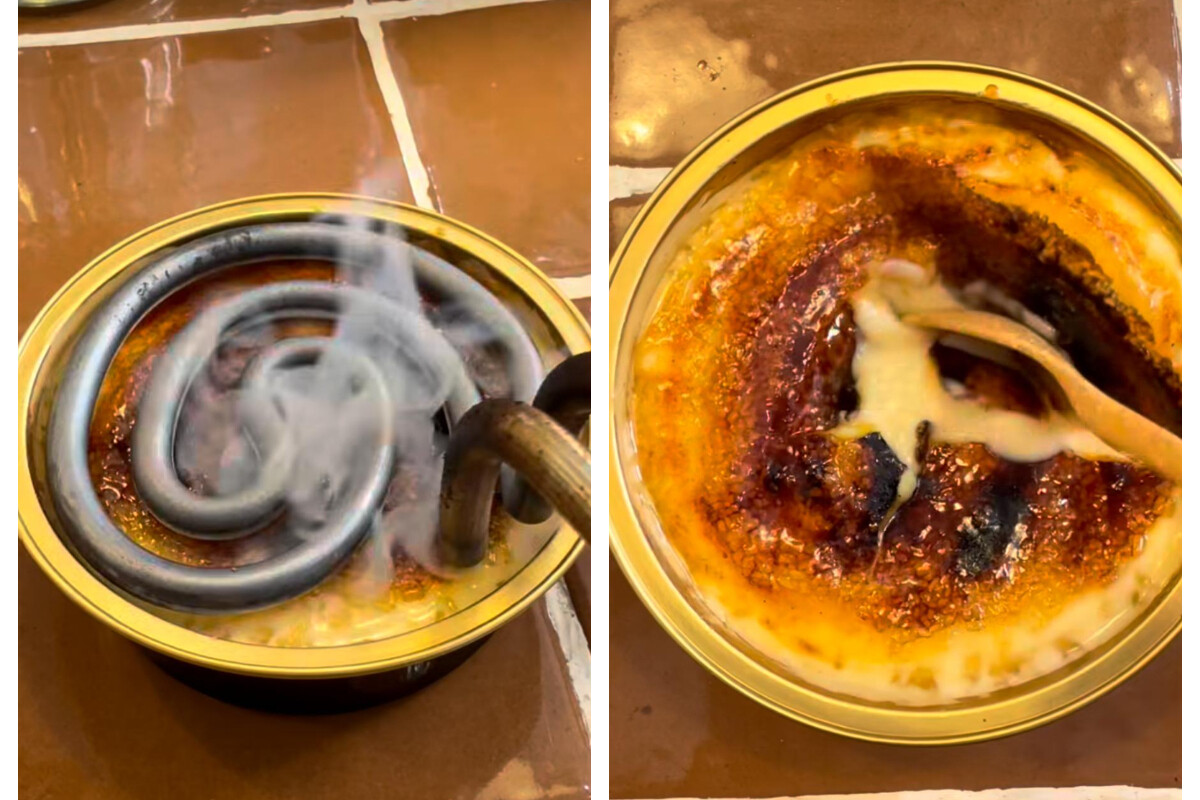 The image is divided into two side-by-side photos showing the process of caramelizing sugar on a crème brûlée dessert. On the left, a close-up view captures a metal spiral torch head emitting heat with visible smoke rising, positioned just above a shallow ceramic dish containing a creamy custard base. The right photo shows the same dish after the caramelization, with a golden-brown, glassy burnt sugar crust on top that has been partially melted or broken by a wooden spoon, revealing the creamy custard underneath. The surface around the dish is a warm-toned tile.