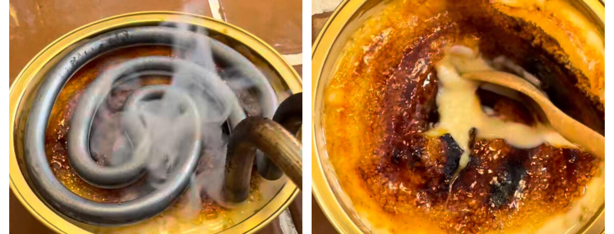 The image is a side-by-side comparison showing the process of caramelizing sugar in a round, shallow glass dish. On the left side, a metal spiral device is glowing red-hot and producing smoke as it is heated and held just above the sugar surface, which is bubbling and turning golden brown. On the right side, the sugar has formed a dark, glossy caramelized crust with some areas almost burnt, while a wooden spoon is spreading a lighter, creamy substance over the hardened caramel layer.