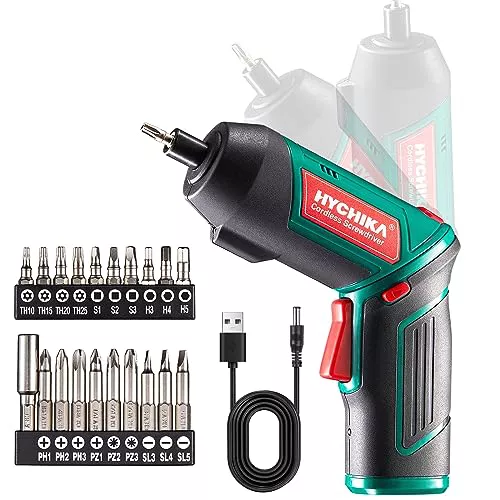 HYCHIKA Destornillador Eléctrico 6N.m, Atornillador Eléctrico Inalámbrico 3.6v Batería 2000mAh (Máximo Par 6 N.m) LED Luz, Mandril Magnétic, Cable USB, 20 Accesorios