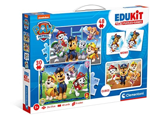 Clementoni - Edukit 4 En 1 Paw Patrol - Juego Educativo Que Incluye Un Puzzle De 30 Piezas, Un Puzzle De 48 Piezas, Juego De Memoria Y 6 Cubos De Tus Personajes Favoritos, Juguete Niños 3 Años (18291)