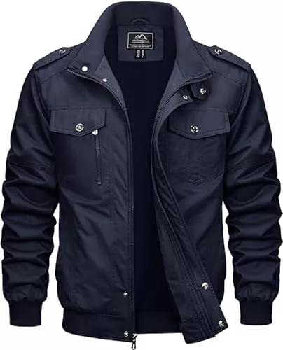 MAGCOMSEN Chaqueta de Entretiempo para Hombre, Cargo para Exterior, Militar, de Aviador de Algodón, Cuello Alto con Múltiples Bolsillos