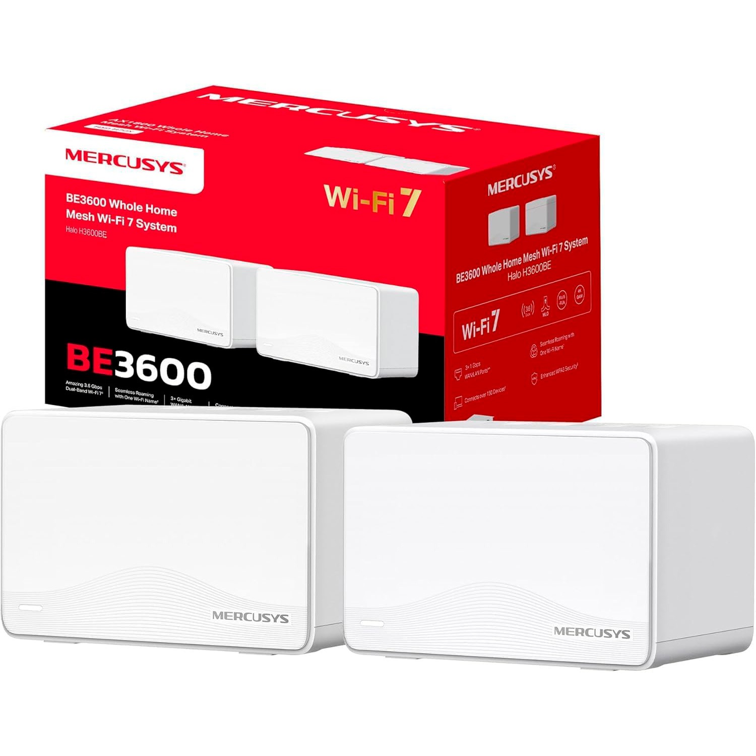 Mercusys Halo H3600BE (2-Pack) – Sistema Mesh WiFi 7 Dual Banda de 3,6 Gbps, Cobertura hasta 460 m², más de 150 Dispositivos, 3 Puertos Gigabit por Unidad