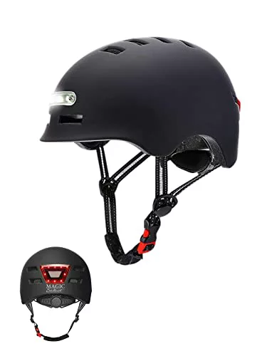 Casco de Ciclismo con Luz Trasera Roja + Luz LED Frontal Blanca. Casco de MTB, Bicicleta, Patinete. Casco Redondo Scooter con Forro Desmontable, Carcasa de PC + EPS, 14 Respiraderos y Cable USB.