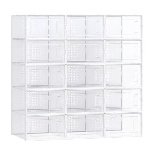 SONGMICS Cajas de Zapatos Plástico, Juego de 15 Organizadores 
