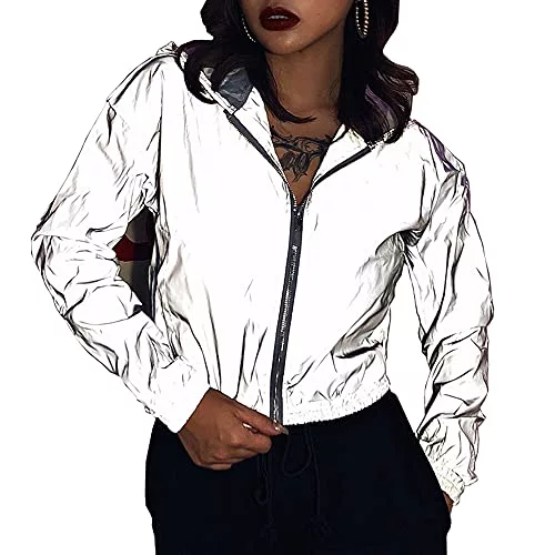 NewL Chaqueta cortavientos reflectante con capucha y cremallera para mujer, manga larga, gris, L