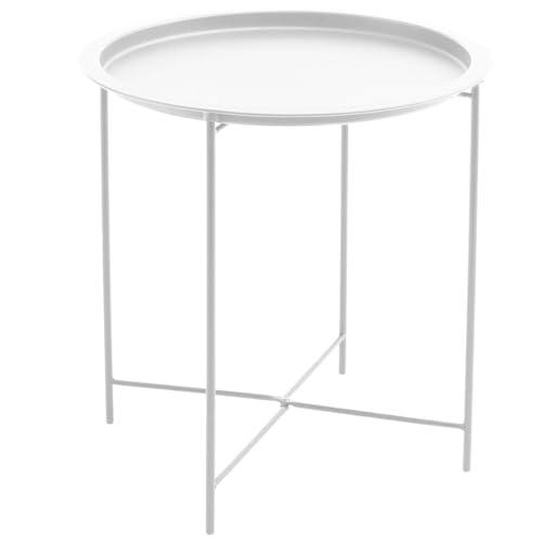 Mesita de Café Redonda para Centro con Bandeja Extraíble Decorativa, Cómoda y Ligera 47x51 cm. (Blanco)