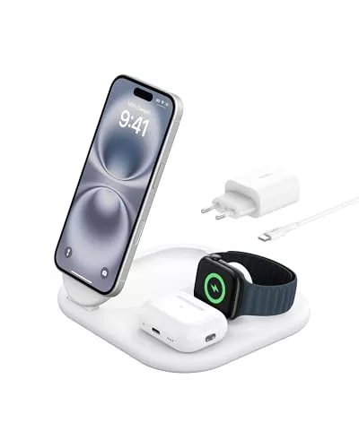 Belkin BoostCharge Cargador Magnético Plegable 3 en 1 con Qi2, 15W, Estación de Carga Rápida Compatible con MagSafe, para iPhone 17, Air, Pixelsnap, Apple Watch, AirPods, Base Antideslizante - Blanco