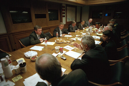 After Addressing The Nation President George W Bush Meets With His National Security Council