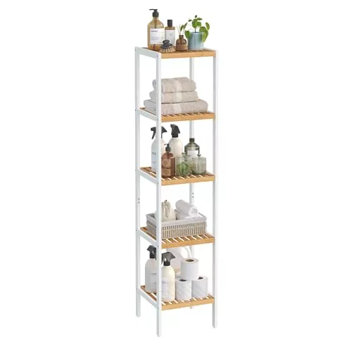 SONGMICS Estantería de Baño de 5 Niveles de bambú, Estantería Estrecha, Multifuncional, Estantería Esquinera, para Cocina, Sala de Estar, Dormitorio, Pasillo, Blanco Nube y Beige Natural BCB055N01