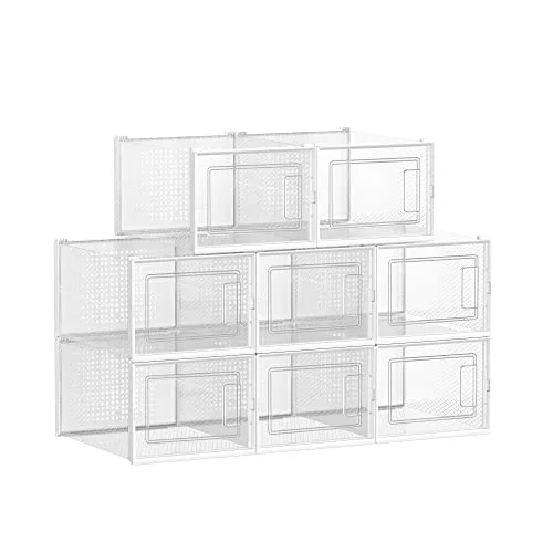 SONGMICS Cajas de Zapatos Plástico, Juego de 8 Organizadores de Almacenamiento, Caja Zapatero Plástico Plegable y Apilable para Zapatillas hasta talla 46, Transparente y Blanco LSP08MWT