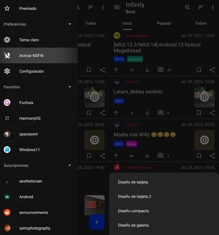 左の画像はオプションが豊富なサイドメニューです。右側には、フィードをカスタマイズするためのさまざまなデザインが表示されます。