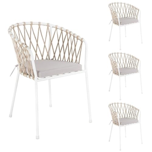 LOLAhome Set 4 Sillas de Jardín Myra de Acero y Cuerda Trenzada Color Blanco, 52x51x80 cm, Cojín Incluido, Ergonómica, Diseño Elegante y Resistentes, Patas Desmontables Uso Exterior