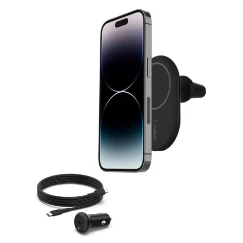 Belkin BoostCharge Cargador Magnético para coche con soporte, Compatible con Smartphones con MagSafe, la serie iPhone 17, iPhone Air, iPhone 16, Pixelsnap (cable y Cargador incluidos)