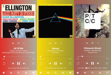 左から右へ: 最初の 2 枚のアルバムは DSD 形式で私のローカル ライブラリにあります。 Tidalから最新曲が流れています。すべて同じアプリ内で。