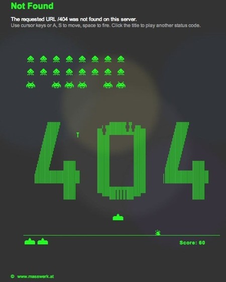 Una página en Internet te muestra un error 404 y te deja jugar un rato a los marcianitos