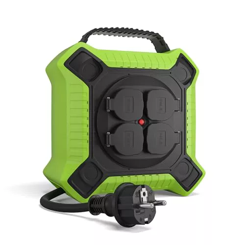MutecPower Alargadera 15 metros IP44 enrollacables 15m enrollador de cable para exteriores con 4 tomas schuko de corriente protegidas, alargador H05RR-F 3G1,5 Negro/Verde