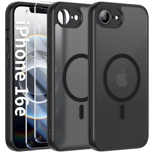 FLLAO Funda para iPhone 16e 2025 (4th Generation), con 2 Piezas Protector de Pantalla Cristal Templado, Magnética Carcasa iPhone 16e Translúcida Mate Trasera Fina Antigolpes, Negro