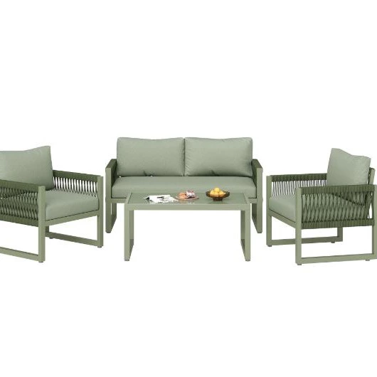 Conjunto de tumbonas de jardín verde, tablero de cristal liso, juego de 4, incluidos todos los cojines
