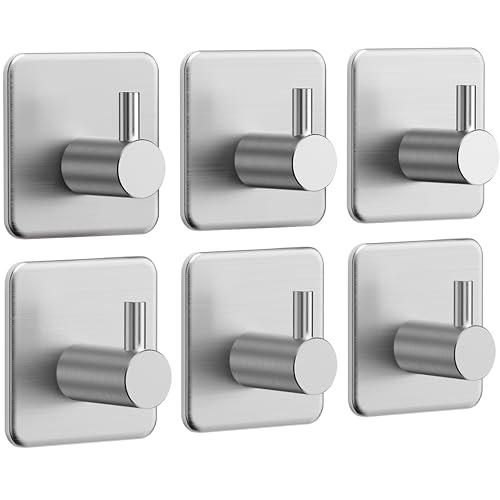 Auxmir Ganchos Adhesivos para Pared, Acero Inoxidable Colgador Toallas sin Taladro, Toalleros Autoadhesivo Extrafuerte para Baño Cocina Albornoz Trapos, Gris, 6 Piezas