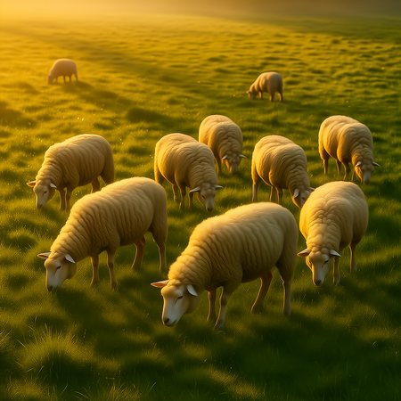 The Image Captures A Grassland Scene From An Eye Level Perspective With A Flock Of Sheep Grazing Leisurely On The Lush Green Grass Their Wool Glowing With Warm Golden Luster Under The 2369056370