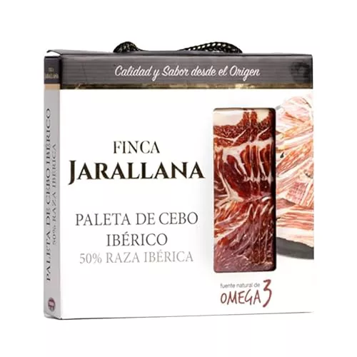 Finca Jarallana - Paleta de Cebo Ibérico Loncheado - 10 Unidades de 70 gr - Estuche con Paleta Deshuesada de Raza Ibérica 50% - Envasada al Vacío