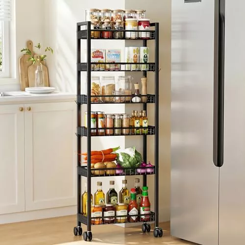 Kssiaz Carrito de Almacenamiento Estrecho 6 Niveles, Carro Rodante con Ruedas, Organizador Móvil Estrecho Multiuso para Cocina, Baño, Lavandería, Sala de Estar, Lugares Pequeños, 6 pulgadas (A), Negro