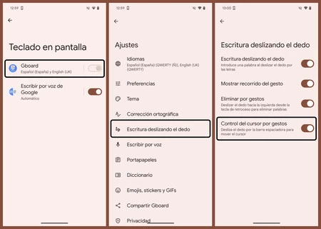 Capturas de pantalla mostrando parte de los pasos a seguir para activar o desactivar el control del cursor por gestos