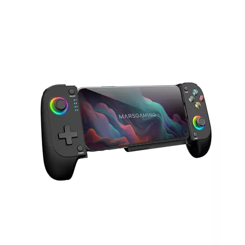 Mars Gaming MGPX, Gamepad Bluetooth 5.0 2en1, RGB Neon, Vibración Dual y Función Turbo, Soporte Smartphone Hasta 6.8", Mando Multifunción Compatible PC, Android, iOS y Consolas, USB-C y Funda, Negro