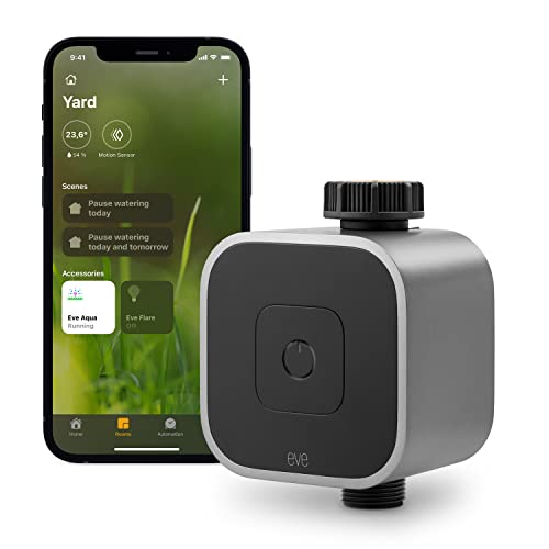 Eve Aqua – Controlador inteligente de riego para la app Casa de Apple y Siri; riega automáticamente con horarios programados, acceso remoto, no requiere pasarela, Bluetooth, Thread, Apple HomeKit