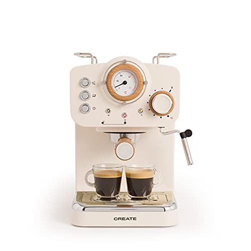 CREATE / THERA RETRO/Cafetera Express Semiautomática blanco mate y madera / 20 bares, brazo doble salida, depósito 1,25L, café molido y monodosis ESE 55mm, con vaporizador, 1100W
