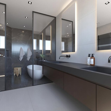 A Bathroom We Designed With A Color Block Minimalist Approach The Black Marble Tiles Separate T
