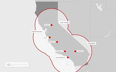 Tesla Motors Supercargador mapa de estaciones en septiembre de 2012