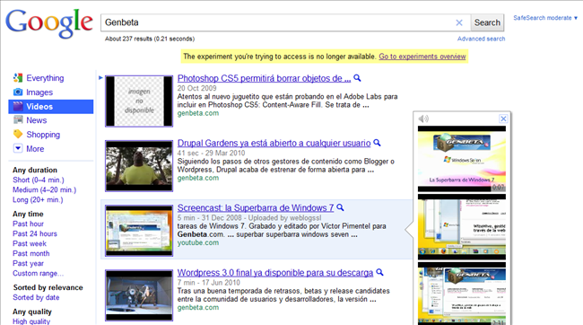 Previsualizaciones de vídeo en Google Video.