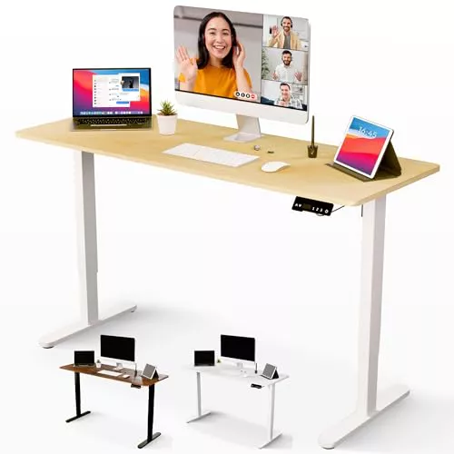 JUPPLIES Escritorio Elevable Electrico 160 x 60 cm - Mesa Elevable Escritorio Ajustable en Altura con Panel Inteligente de 3 Memorias - Standing Desk Oficina en Casa - Blanco y Madera Clara