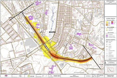 Este mapa mostra os níveis de ruído em uma das áreas cobertas pela Linha 5 do Metrô em 2022. Fonte: Comunidade de Madri / Cecor.