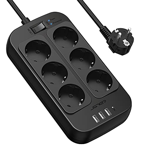 JSVER Regleta Enchufes USB, Proteccion Sobretension con 6 Toma de Corriente y 4 USB Puertos