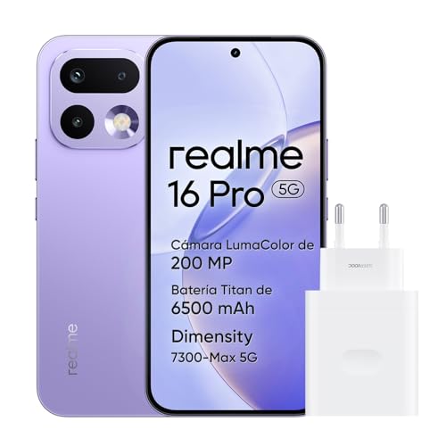 realme 16 Pro 5G Smartphone, 8GB+256GB, Pantalla AMOLED 144Hz 6,78", Batería 6500mAh, Cámara 200MP OIS, IP69K, Carga Rápida 45W, Dual SIM, Next AI, Violeta (con Adaptador)