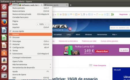 Opera Developer 24.0 para GNU/Linux, menú principal