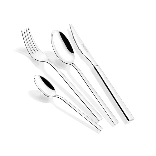MONIX Amalfi | Set 24 piezas de cubiertos con cuchillo chuletero, Acero Inoxidable 18/0, Acabado Pulido, Apto para Lavavajillas